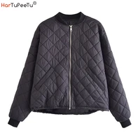 women quilted bomber jacket lightweight argyle cotton padding black coat autumn winter drawstring hem zip outwear with 2 pockets