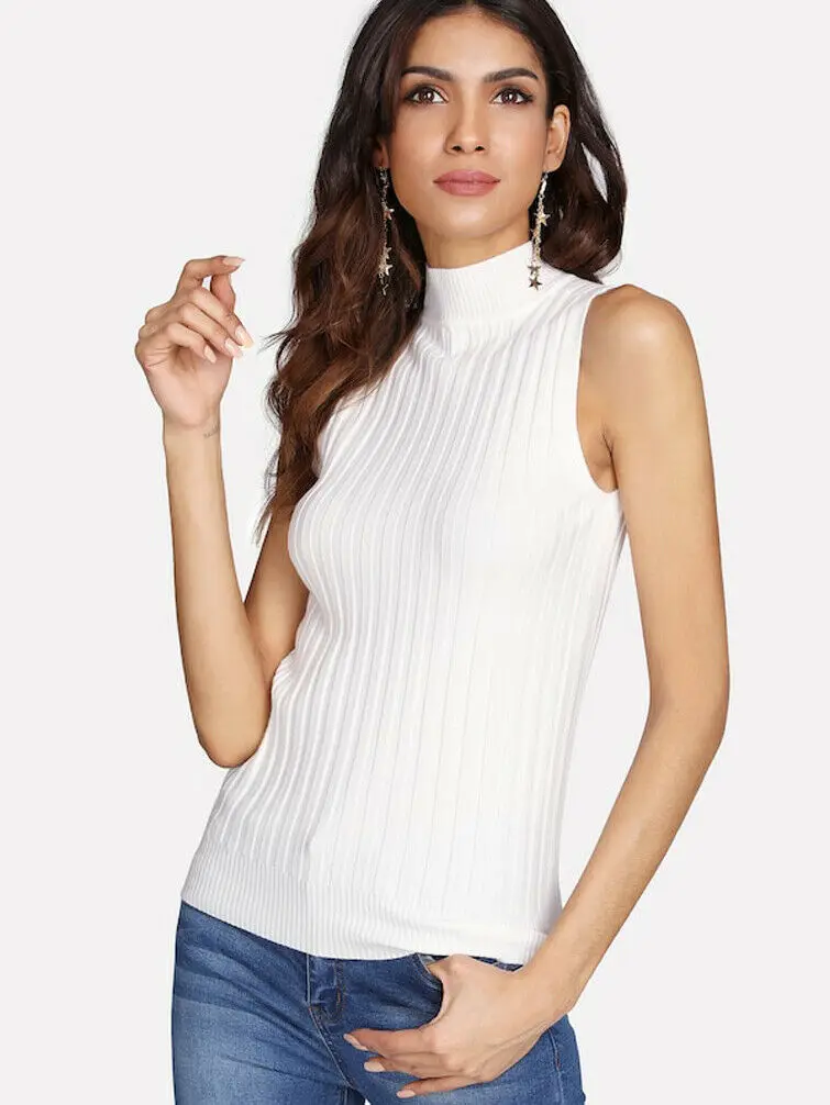 Женская Повседневная водолазка без рукавов модный однотонный вязаный пуловер