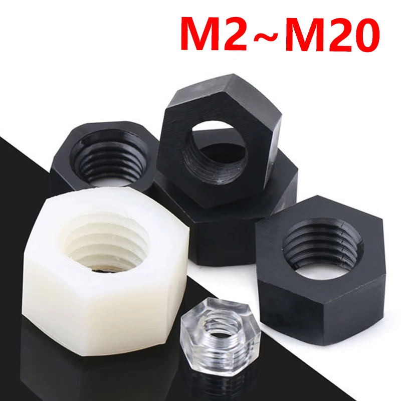 M2~M20 Black/white Nylon Hex Nut Plastic Hexagon Nut Pa66 Thermal Insulation Hexagon Thread Screw Cap Transparent PVC Nut DIN934