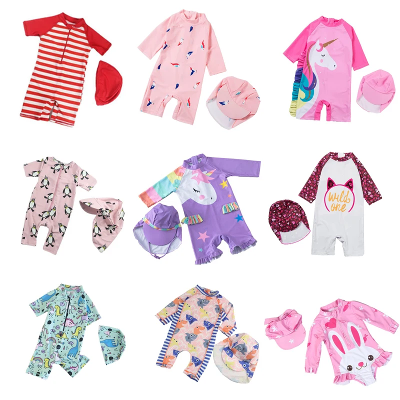 

Beach Bath Kids Girls Baby Swimsuits Children Swimwear Cute Cartoon One Piece Long Sleeve Short With Swimming Cap