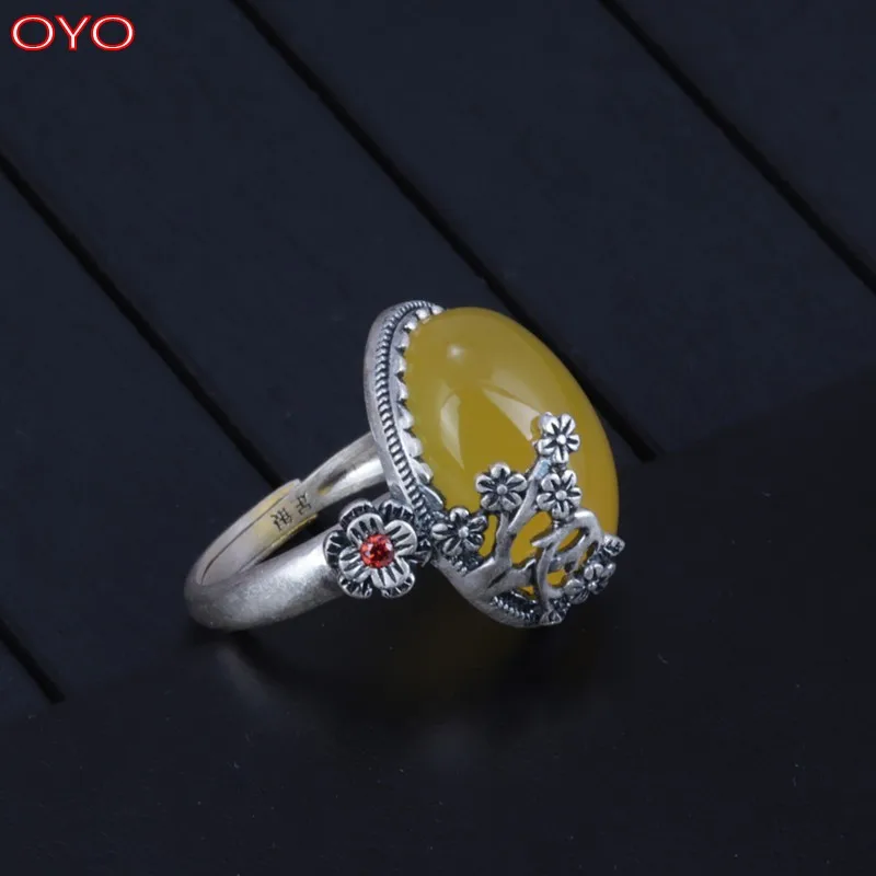 

Real s925 sterling silver plum yellow chalcedony ring, exquisite lady inlaid open rin