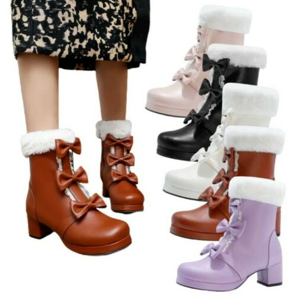 

OEING Sweet Women's Lolita Bowtie Lace Up Ankle Boots Block Heel Shoes Big SZ 34-48 Warm Winter Snow Thick X-Mas Gift