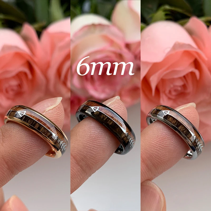6/8mm Tungsten Carbide Rings for Men Women Wedding Bands Nature Koa Wood Arrow Inlay Free Engraving Comfort Fit