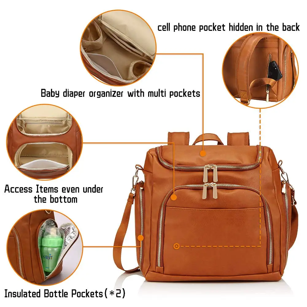 Bolsa de pa&ntilde;ales 7 en 1 para beb&eacute;, bolso de maternidad de cuero PU s&oacute;lido, mochila de viaje de gran capacidad, bolsas de cochecito con cambiador-1