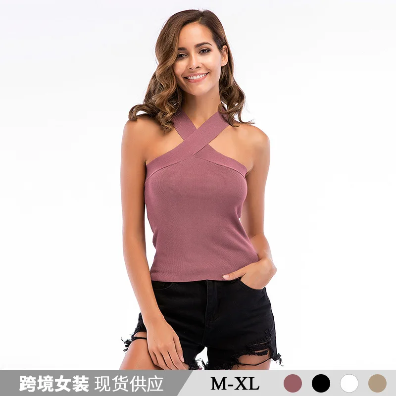 2019 костюм платье с лямкой на шее жилет женская одежда груди без рукавов|Майки| |