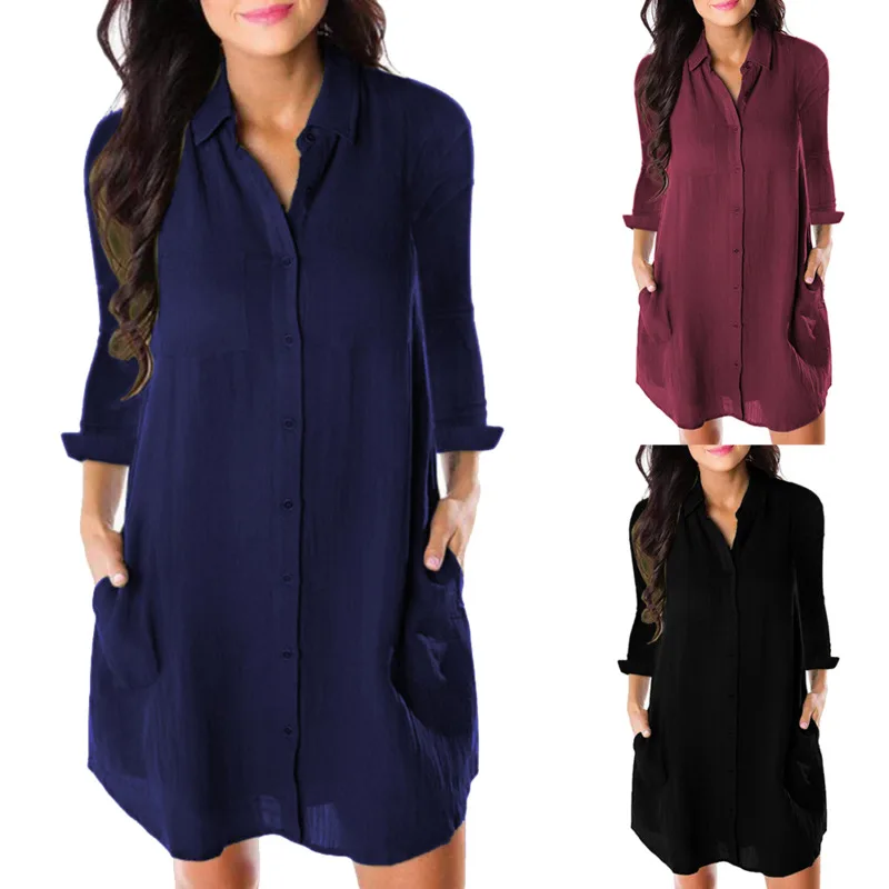 

Women's Loose Solid Dress Long Sleeve Turn Down Collar Button Pockets Vestidos Autumn 2020 Casual Ladies Office Shirt Dresses