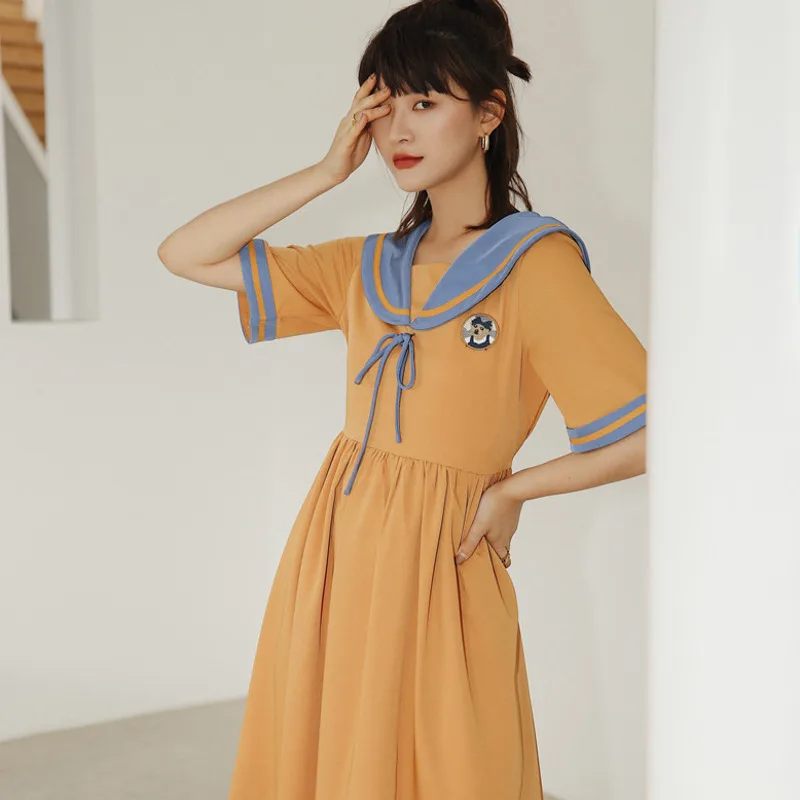

LANMREM Women Summer Orange Dress Sailor Collar Short Sleeve Dress Large Size Fit Lady Fashion Tide 2021 New Arrivals 2H074