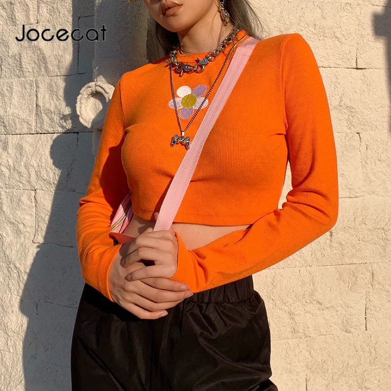 Женский укороченный Топ с длинным рукавом и круглым вырезом|Футболки| |