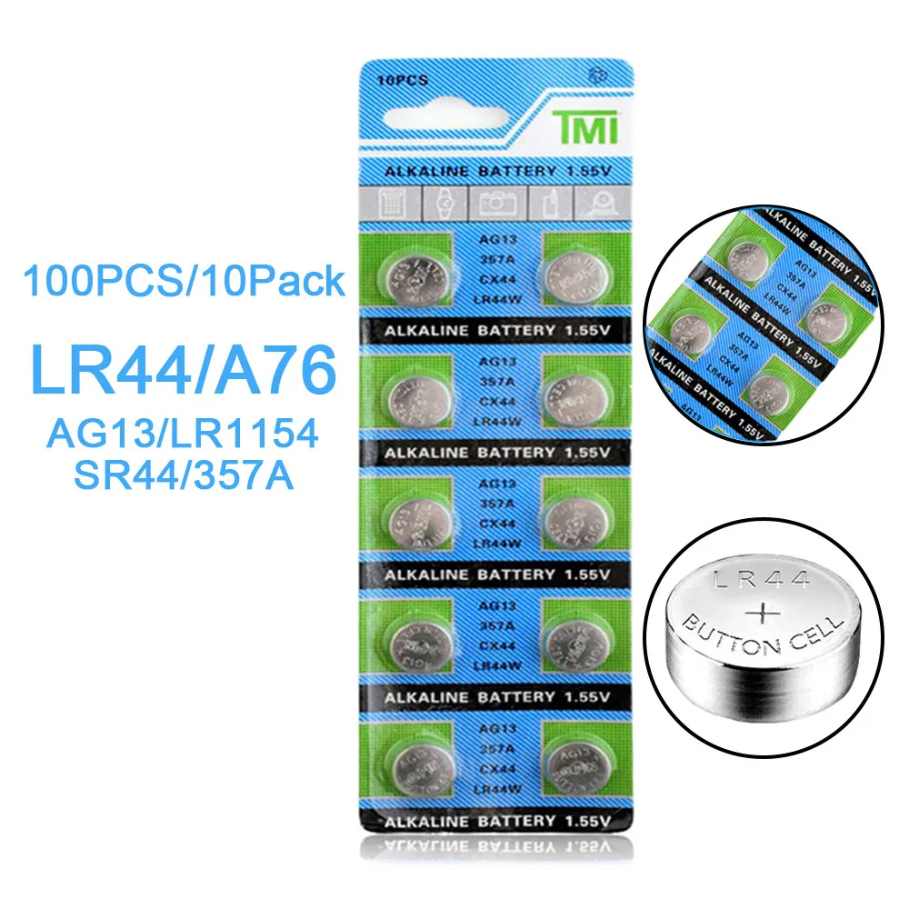 

100PCS/10Pack LR44 357A A76 303 AG13 SR44SW SP76 L1154 RW82 RW42 1.5V Alkaline Battery Button Toy Watch Battery