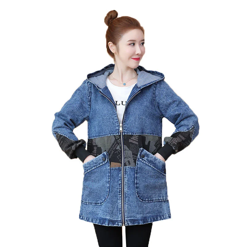 

Новинка 2021, джинсовые куртки, Женская демисезонная джинсовая куртка средней длины, Женское пальто, повседневное Свободное пальто с капюшон...