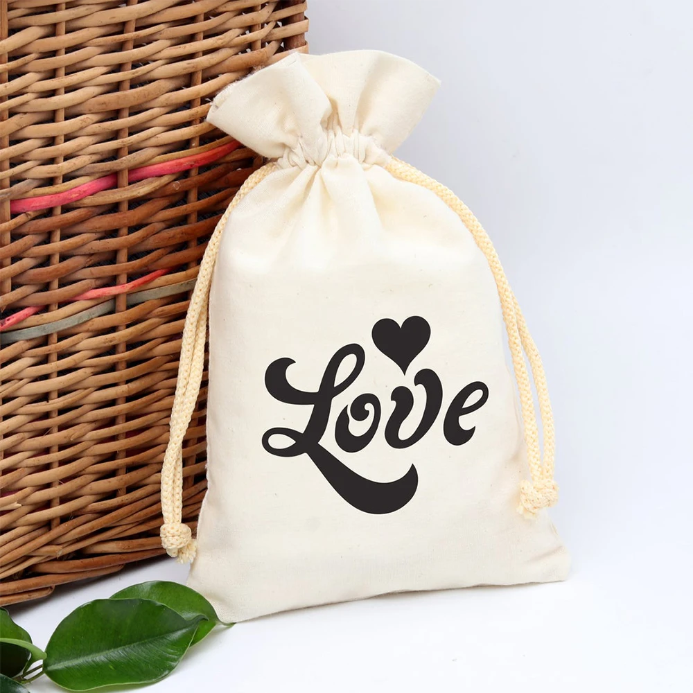 

50 Pcs/Personalized Love Cotton Canvas Wedding Christmas favor Custom Drawstring Pouches Bracelet Necklace Pouches Jewelry Bags