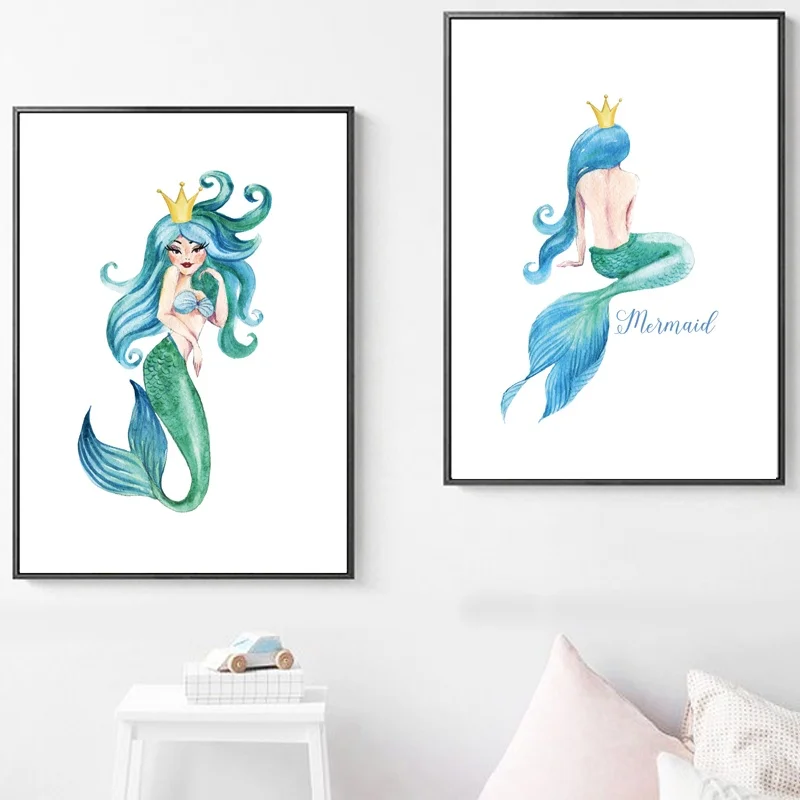 Русалочка с животным принтом океан художественная детская настенная живопись