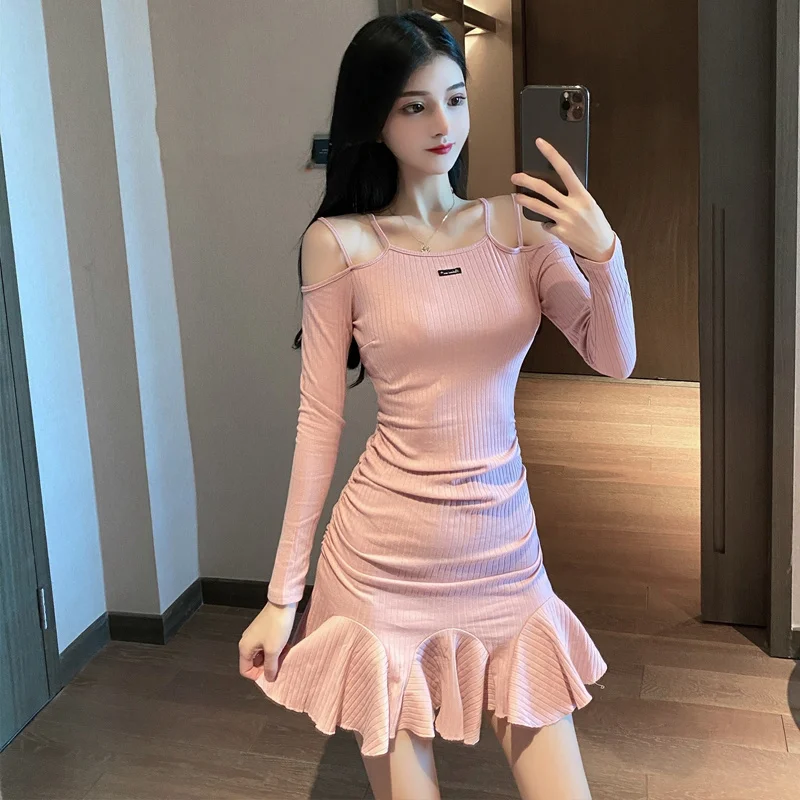 

Spring Long Sleeve Strapless Sexy Nightclub Tight Waist Hip Skirt Slim Fit Ruffled Fishtail Dress Rac