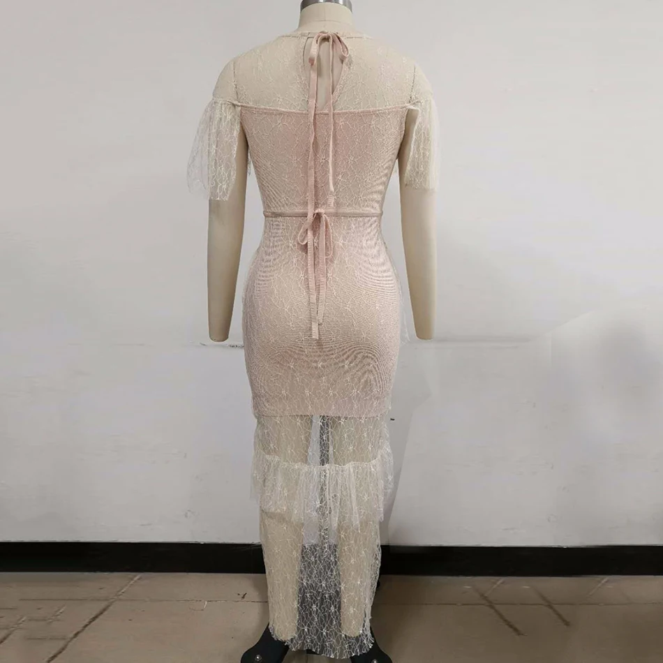 

Ailigou Summer 2021 New Women'S O-Neck Ruffled Ladies Lace Dress Perspective Bodycon Ladies Sexy Club Party Dress Vestidos