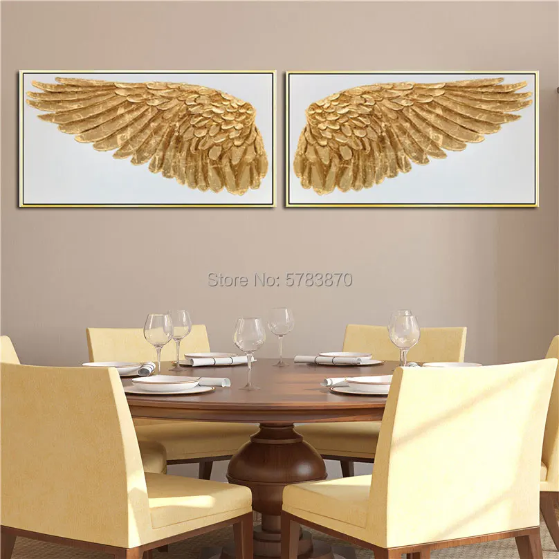 Ручная роспись золотая птица Масляные картины Крылья Ангела стены Искусство