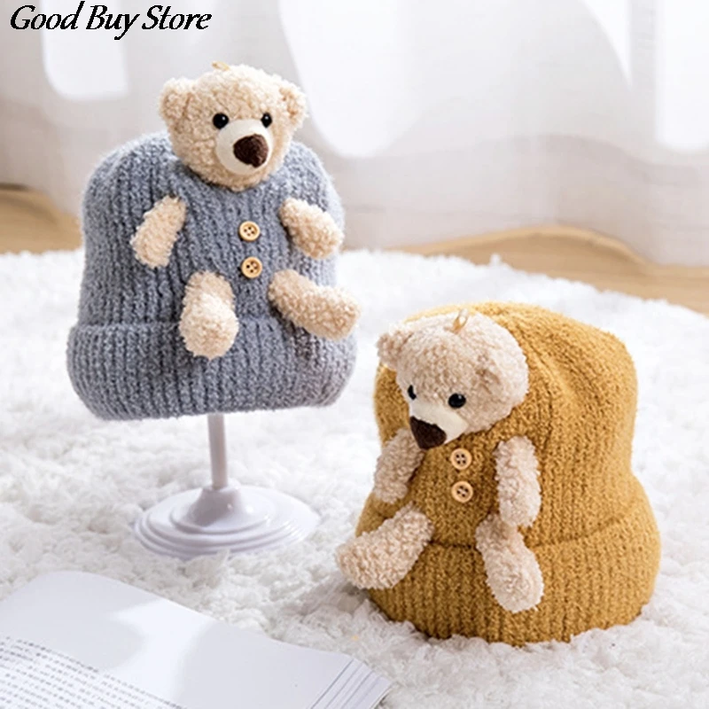 Теплая шапка бини Lovely Bear для осени и зимы Детская Вязаная Мягкая однотонная Милая