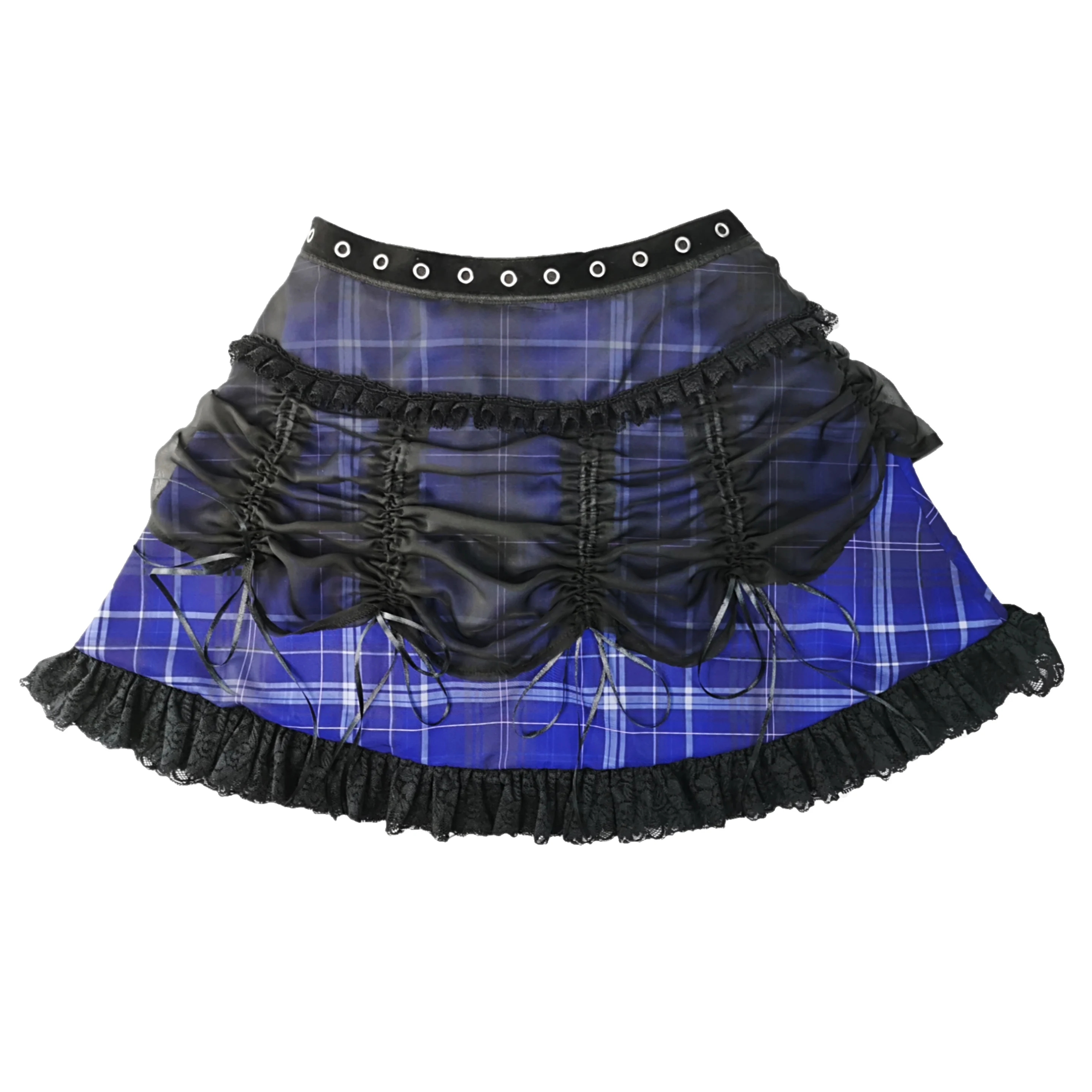 

Original Design Punk Japanese Designer Blue Plaid Mini Skirt Dark Gothic Lolita Girls High Waist Mesh Lace Patch Skirts