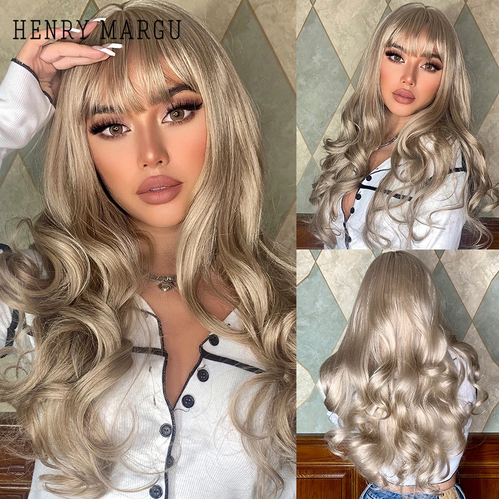 

HENRY MARGU Long Wavy Synthetic Wigs with Bang Light Golden Blonde Natural Hair for Women Heat Resistant Fiber for Daily Cosplay