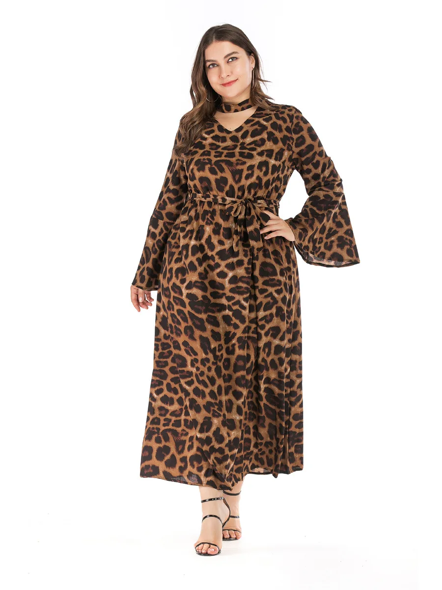 Женское платье макси с V образным вырезом Расклешенным рукавом и леопардовым