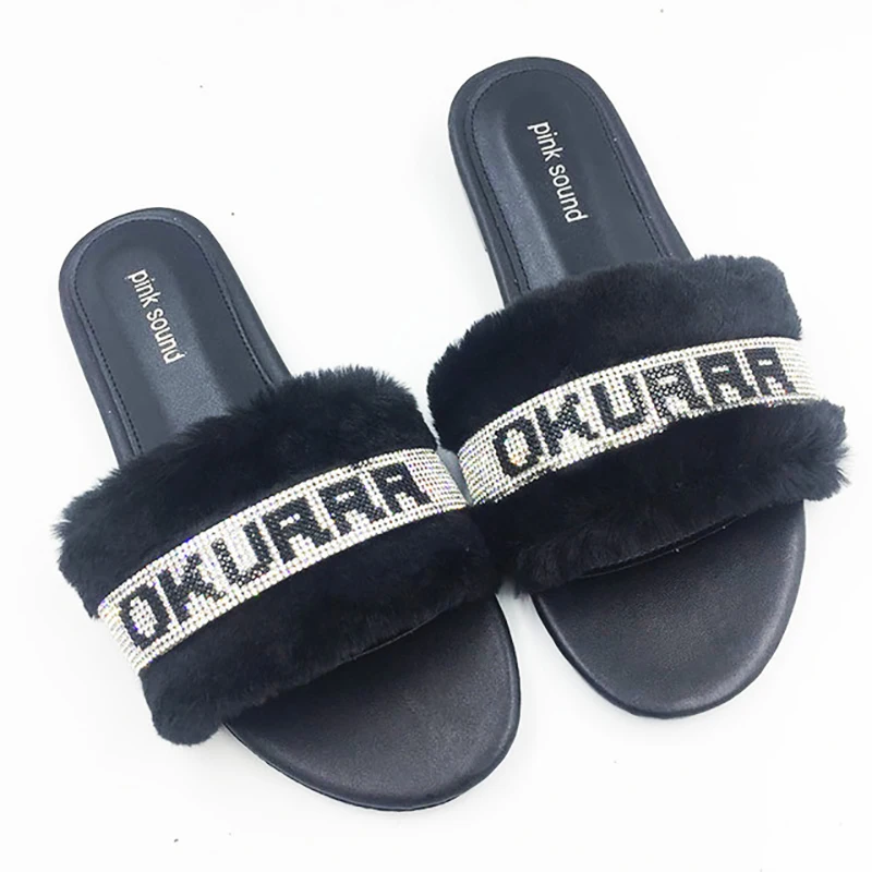 

2021 Women Slippers Furry Fluffy Fur Slides Home Indoor House Lady Crystal Outside Shoes Female Ladies Slippers For Woman