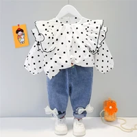 spring autumn baby girls clothing sets kids princess clothes lace polka dot tops bow knot jeans toddler infant child costume