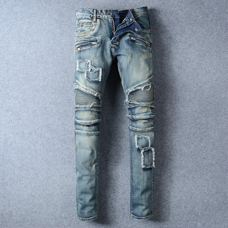 

Designer 2012 Fashion Men Jeans Italian Vintage Painted Retro Ripped Denim Pants Streetwear Elastic Slim Fit Hip Hop Trousers