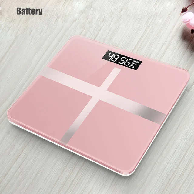 battery Cross Pink Умные Электронные весы, новинка, цифровые весы для ванной комнаты, напольные весы для тела, стеклянные, зарядка через usb, ЖК-дисплей, весы для дома - Цвет: battery Cross Pink