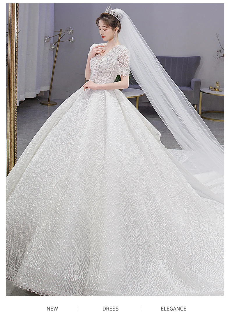 

Luxury Handmade Beaded Jewellery A Line Weeding Dress With V Neck Short Sleeve Gorgeous Bride Ball Gown Custom Made