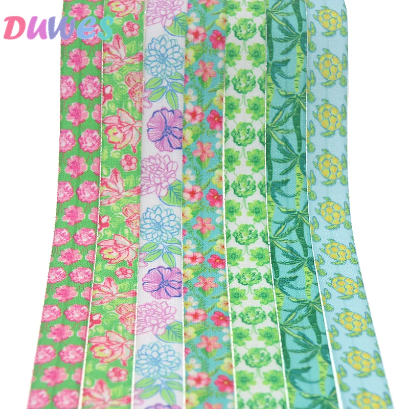 

DUWES 5/8'' 50yards flowers leaf turtle printed Fold Elastic FOE stretch ribbon hairbow headwear headband DIY OEMD1171
