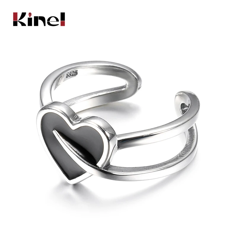 

Kinel New Authentic 925 Sterling Silver Heart Rings for Women Adjustable Size Finger Silver Ring Fashion Wedding Band Jewelry