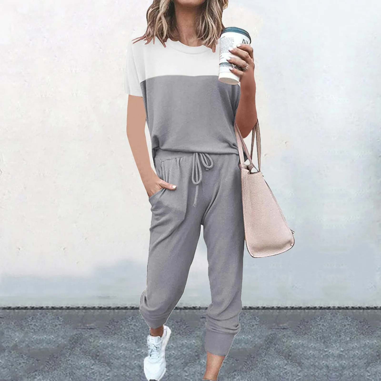 

Patchwork Pant Suits Women's Fashion Solid Color Splicing Short Sleeve Casual Sports Home Sets Suit