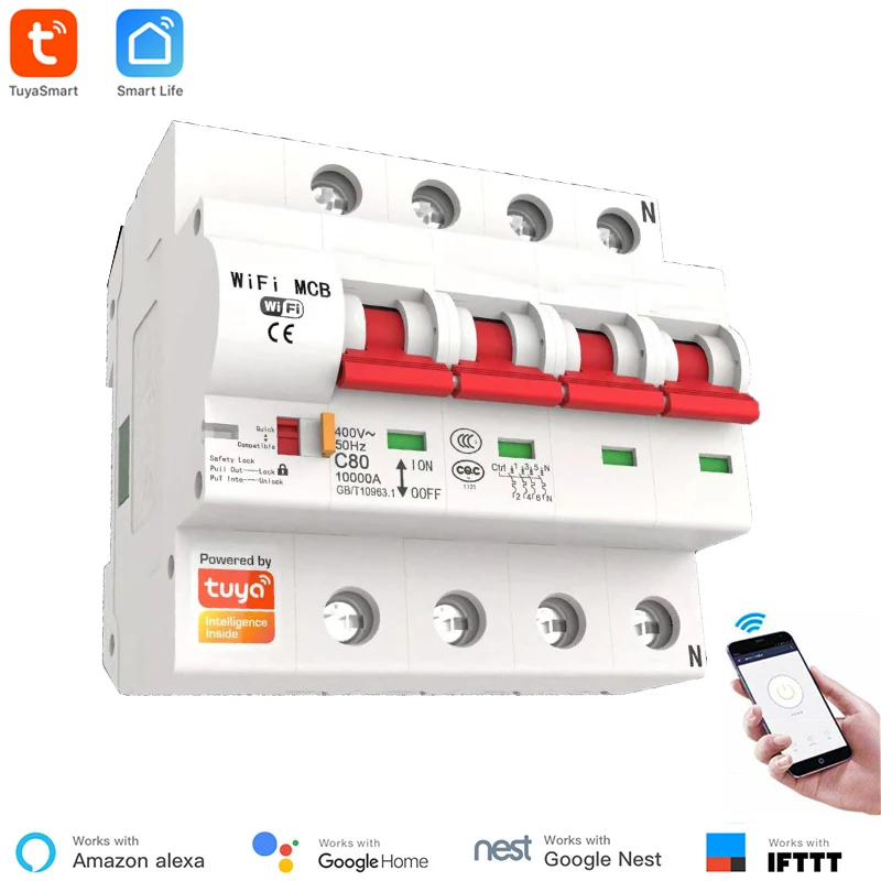 Tuya Smart Life 20A Smart WiFi автоматический выключатель защита от короткого замыкания Alexa Echo Google совместимый пульт дистанционного управления WiFi переключатель - Комплект: 4P 20A