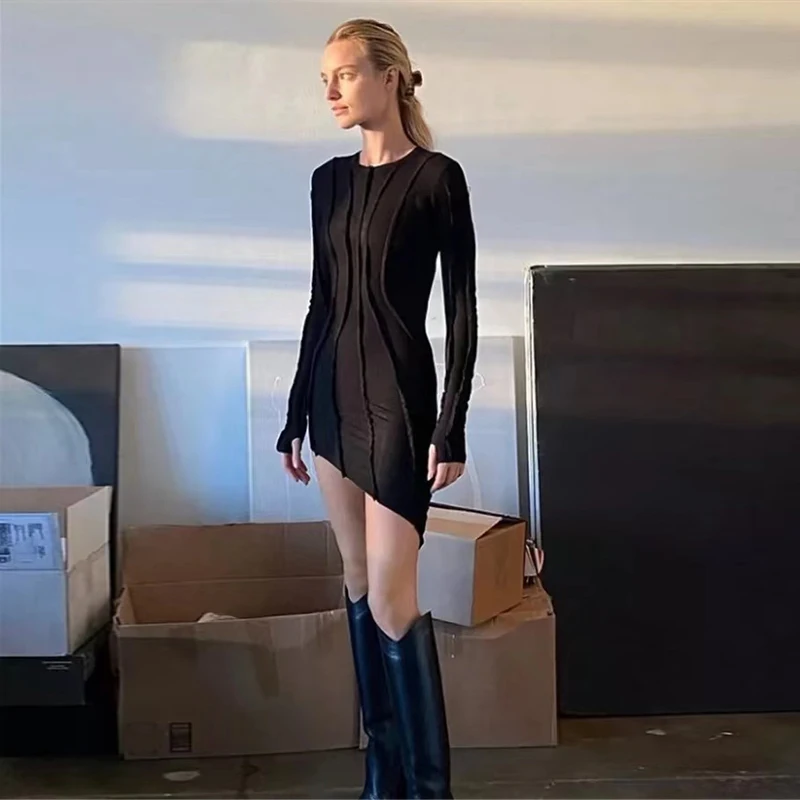 

Women Dress 2021 Spring Summer Party Club Outfits Slim Stretch Mini Black Sexy Long Sleeve Bodycon Dresses For Women Clothing