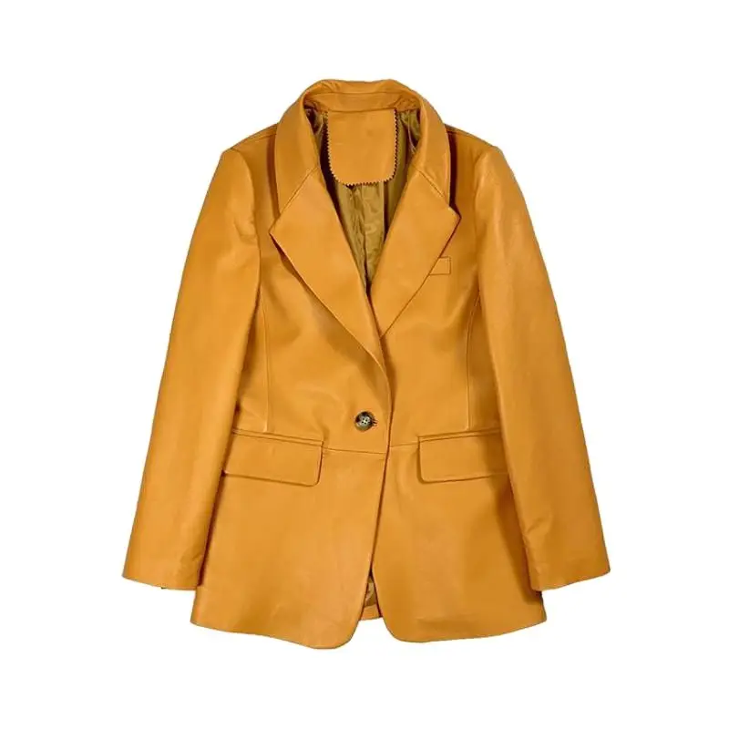 Spring Autumn Real Sheepskin Genuine Leather Suits Coat Yelloe Womens Outerwear Korean Suit Ladies Overcoat Gothic Coats Clothes