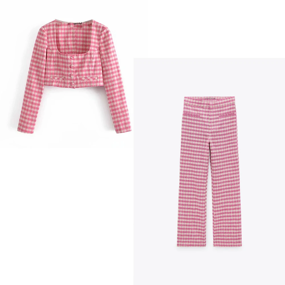 

ZREDARA 2021 Women's Summer New Cardigan Slim Short Long Sleeve Square Collar Pink Plaid Top Shirt Blouse