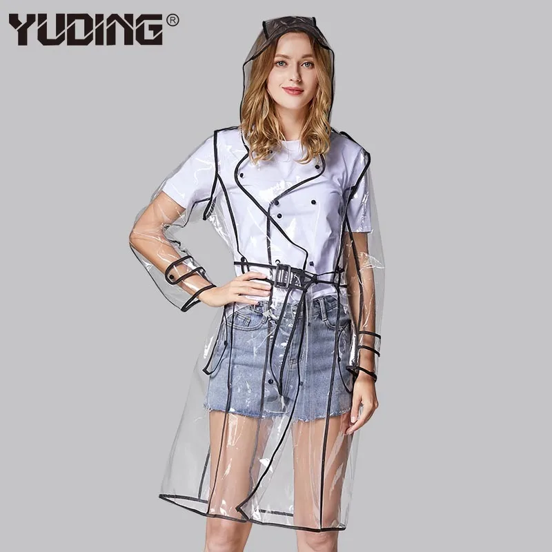 Прозрачный дождевик Yuding с поясом для женщин длинный Модный водонепроницаемый