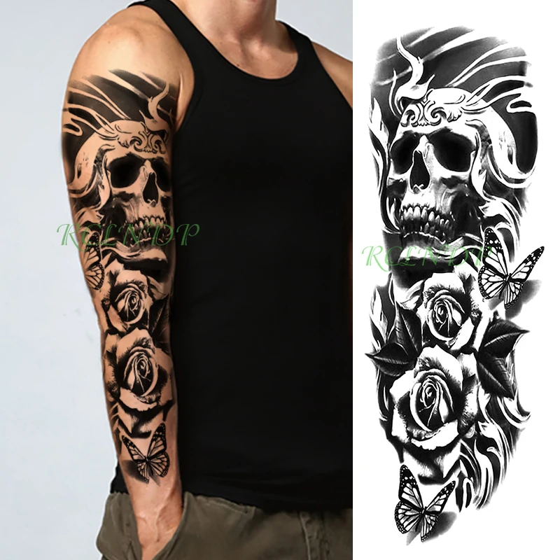 

Waterproof Temporary Tattoo Sticker Owl Bird Skull Animal Flower Black Full Arm Fake Tatto Flash Sleeve Tatoo for Men Women