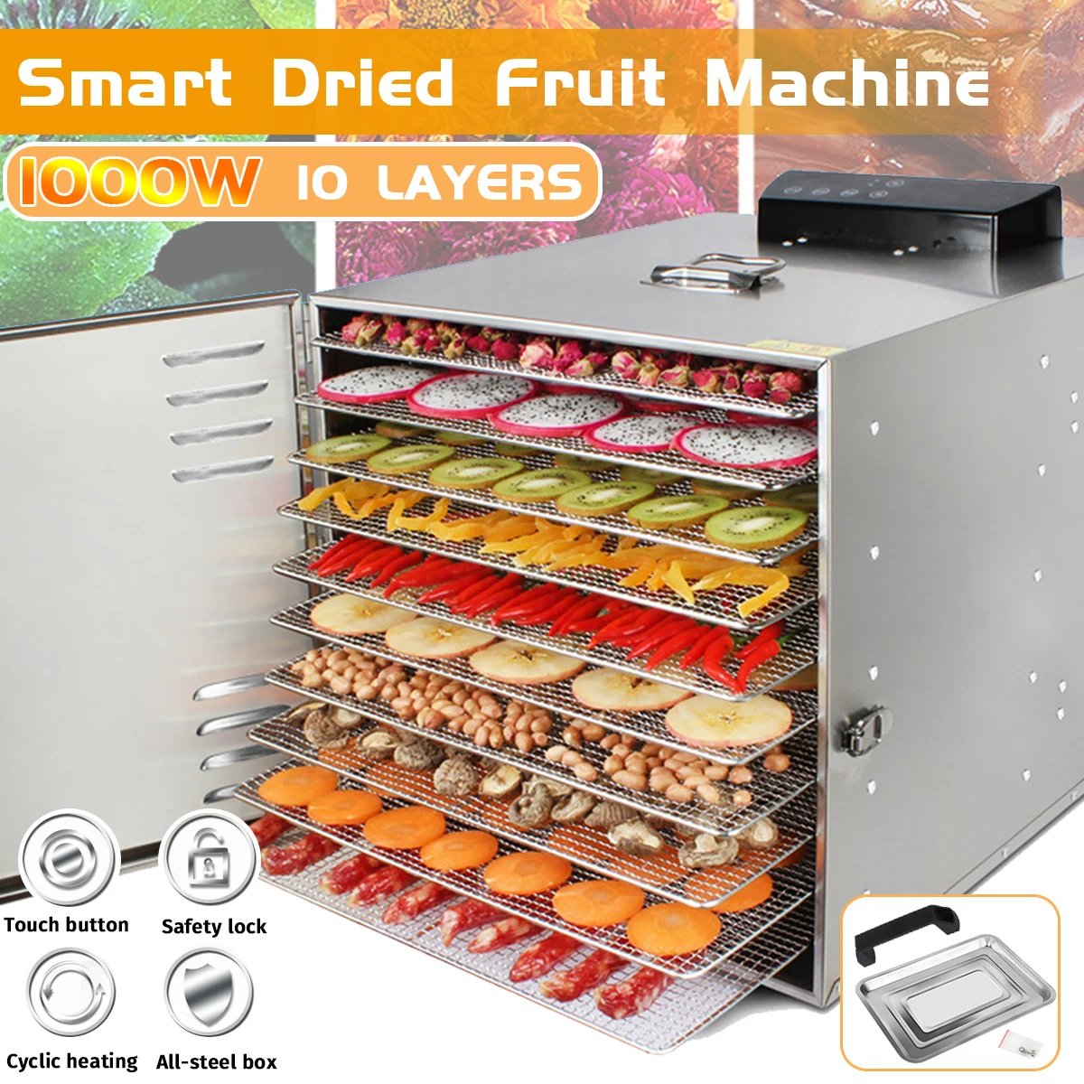 

10 Trays Food Dehydrator Snacks Dehydration Dryer Fruit Vegetable Herb Meat Drying Machine Stainless Steel 110V 220V 1000W