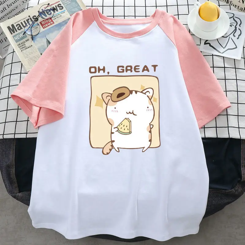 

100% Cotton Summer Harajuku Women Tshirt Cute Hamster Pattern Casual T Shirt Short Sleeve Loose T-shirts Splicing Tops
