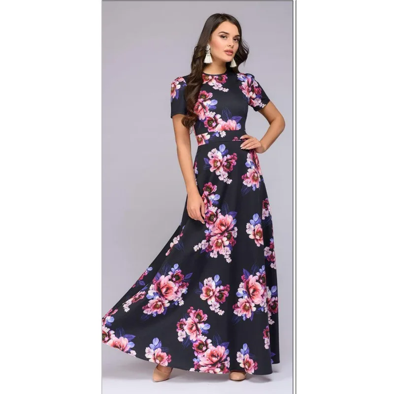 

2020 summer new bohemian long dress ladies long dress short sleeve floral elegant slim medium long banquet dress