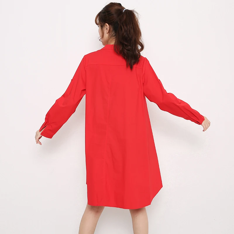 

[EAM] Women Red Back Long Big Size Blouse New Stad Collar Long Sleeve Loose Fit Shirt Fashion Tide Spring Autumn 2021 LE70603L