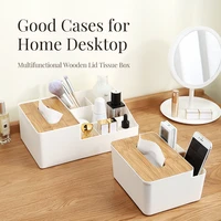 Storage Organizer Box with Wooden Lid for Tissue Paper Makeup Packaging Case Multi-Compartments Phone Desktop Holder Storage Box