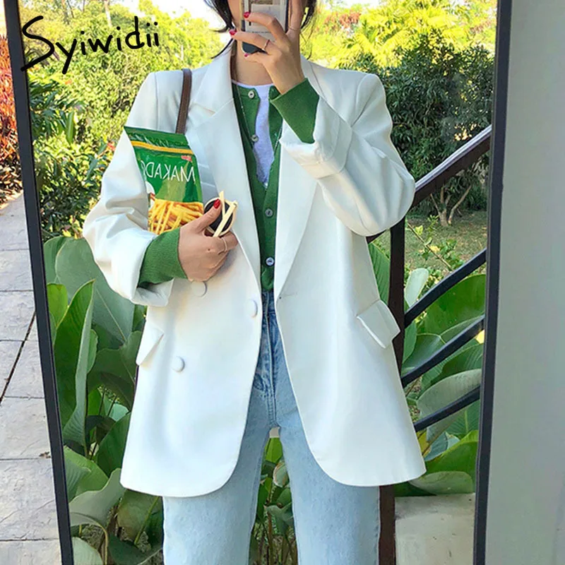 Syiwidii костюм куртка белые блейзеры для женщин с длинным рукавом оверсайз пальто 2021 свободный зеленый пиджак офисный женский черный топ