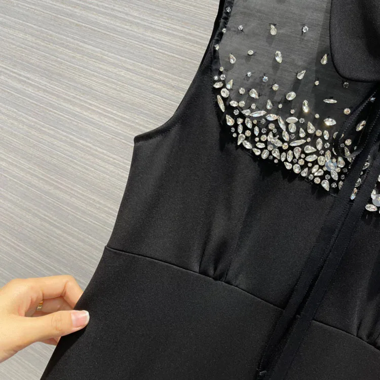 

High Street Sweet Dress for Women Summer 2021 New Sleeveless Mesh Spliced Mini Dresses Luxury Diamonds Straight Solid Dress Lady