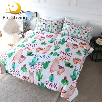 BlessLiving Llama Bedding Alpaca Rainbow Duvet Cover Set 3pcs Cactus Watercolor Quilt Cover for Kids Cute Animal Bed Set Queen 1