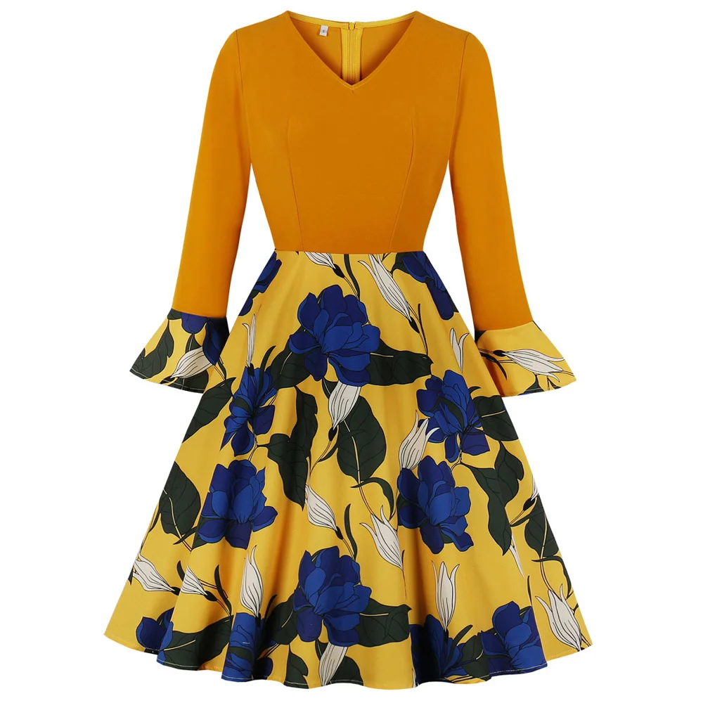 Joineles осеннее платье с длинными рукавами и v образным вырезом женское ретро