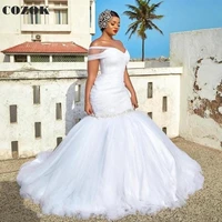 plus size sexy wedding dresses for women mermaid one shoulder tulle crystal belt long formal bridal gowns co132