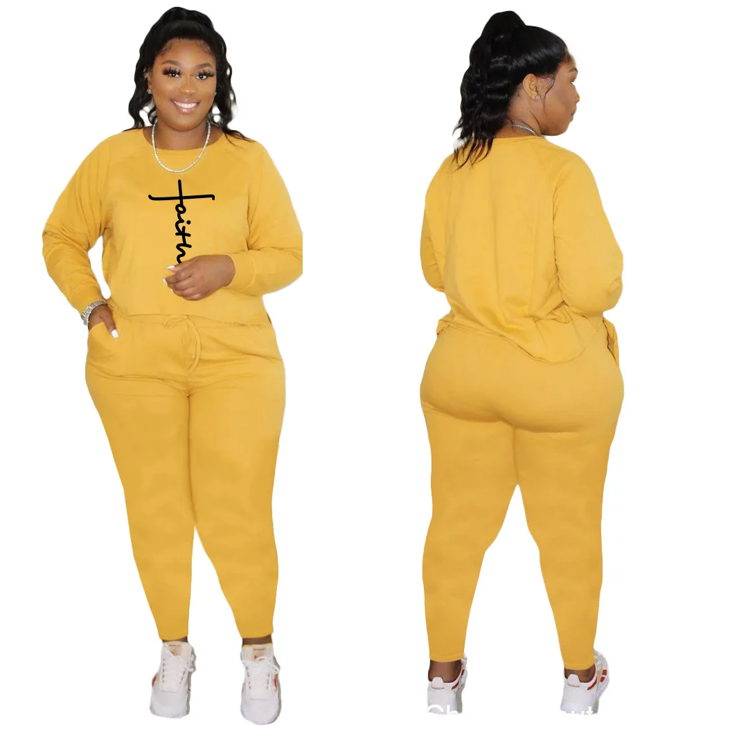 

Yellow O-neck Printed Two Piece Set Woman Plus Size Long Sleeve Top Pencil Pants Set Autumn Clothing for Women Fall Clothes