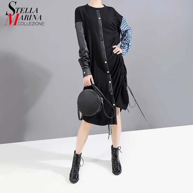 2019 Женское зимнее повседневное черное прямое платье на пуговицах с длинным