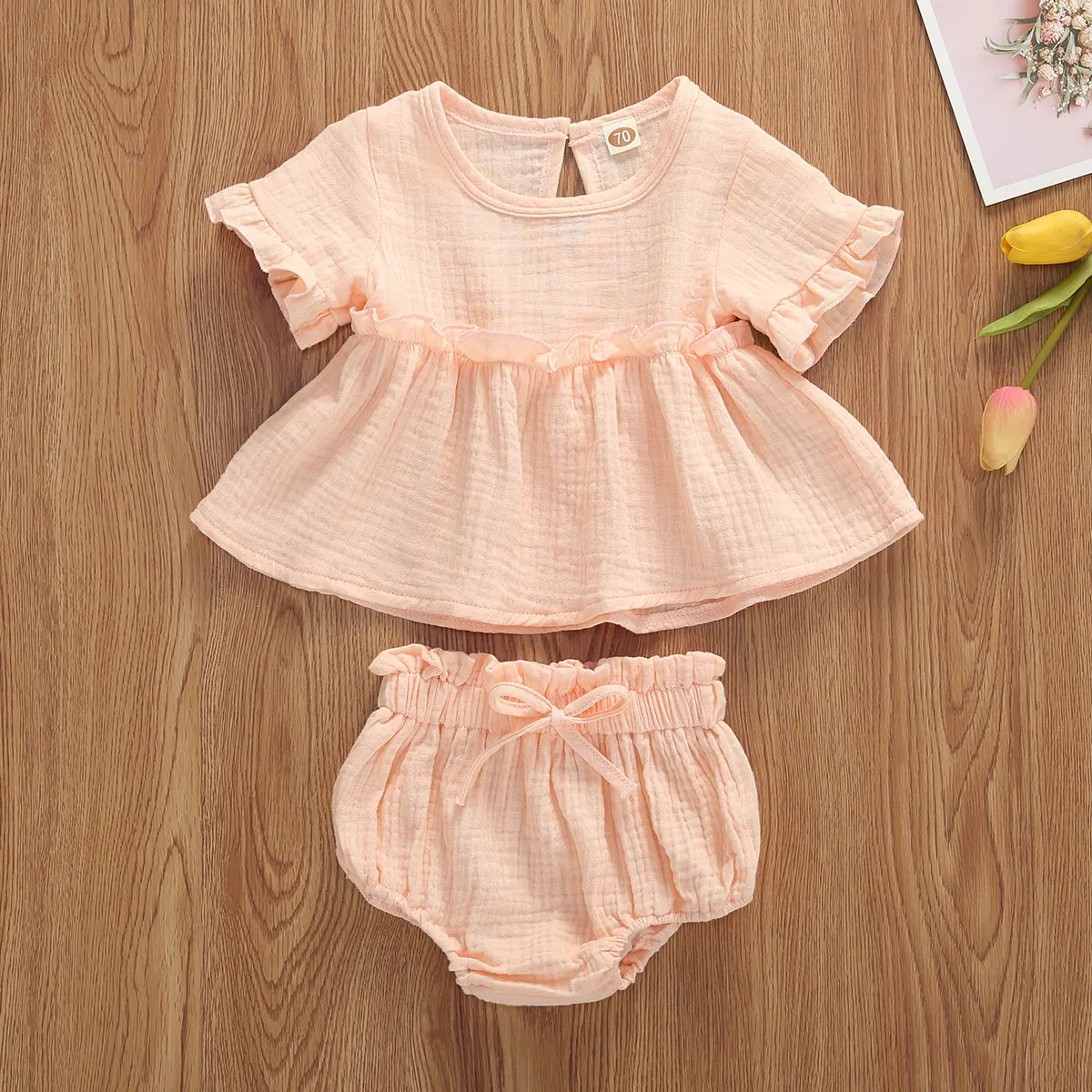 0-24M Newborn Infant Baby Girls Solid Cotton Linen Clothes Sets Ruffles Short Sleeve Tops Dress Shirt+ Shorts 2pcs Sets images - 6